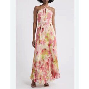 Julia Jordan Pleated Chiffon Halter Maxi Dress Size 6 Pink Multi Floral $159